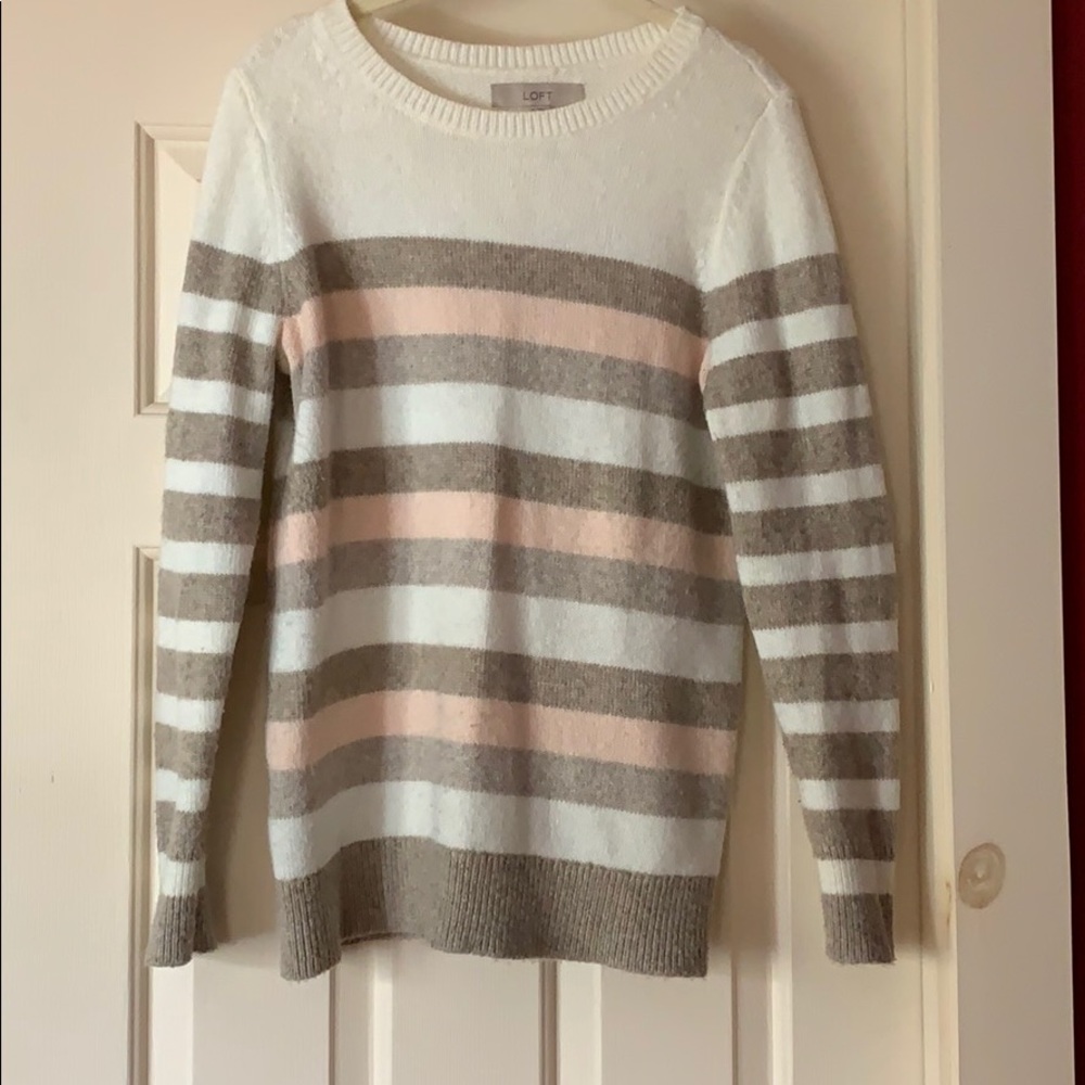 Pink, tan and white stripe long sleeve sweater